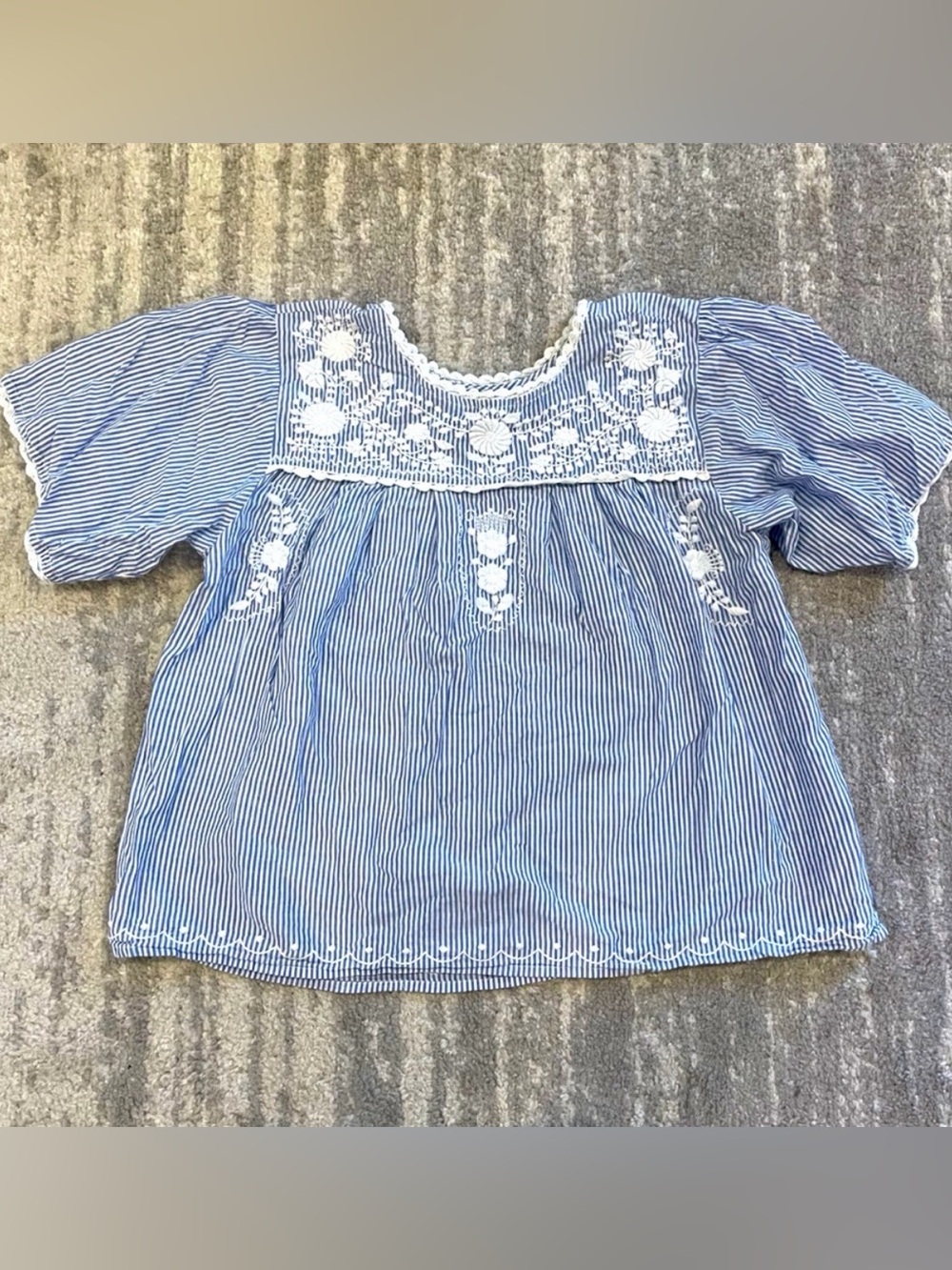 Sister Mary Blue Pinstripe Embroidered Peasant Top - RARE